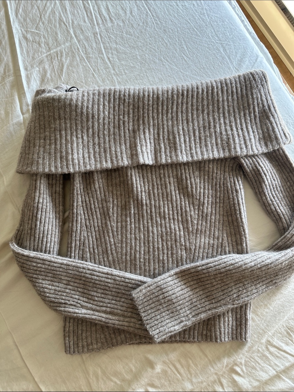 H&M Ribbed Off-Shoulder Sweater in Taupe